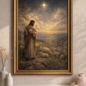 May include: A framed painting depicts a biblical scene with a figure holding a lamb, surrounded by sheep. The artwork features a shepherd with a staff, set against a backdrop of a starry sky and rolling hills. The painting is in a gold frame.
