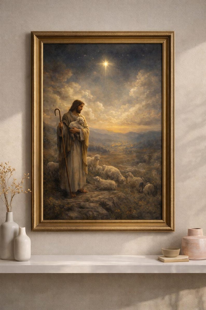 May include: A framed painting depicts a biblical scene with a figure holding a lamb, surrounded by sheep. The artwork features a shepherd with a staff, set against a backdrop of a starry sky and rolling hills. The painting is in a gold frame.