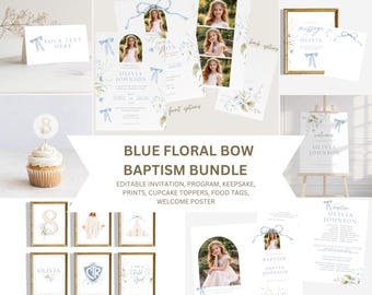 Editable Blue Floral BOW Baptism Invitation Bundle (Digital Download)