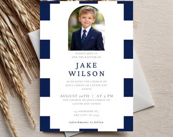 Editable Baptism Invitation Template | Navy Blue LDS Photo Invite (Digital Download)