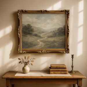 Pode incluir: Uma pintura de paisagem emoldurada em ouro ornamentado retrata um caminho sinuoso atrav&eacute;s de um vale. Uma mesa de madeira exibe um pequeno vaso com flores secas, livros empilhados e um casti&ccedil;al de lat&atilde;o. A obra de arte e a decora&ccedil;&atilde;o criam uma est&eacute;tica vintage.