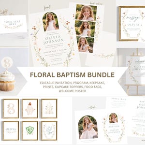 May include: A collection of floral baptism stationery, including invitations, programs, and welcome posters. The designs feature a young girl's photo and delicate floral arrangements. The bundle includes cupcake toppers and framed art prints.