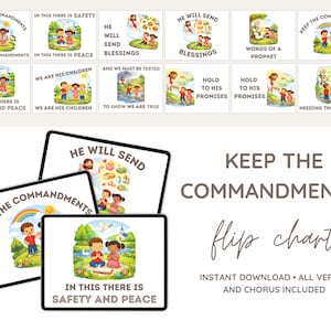 May include: A collection of illustrated cards and a flip chart with the text "Keep the Commandments." The cards feature colorful images of children and religious figures, with phrases like "In this there is safety and peace." The flip chart is black-framed.