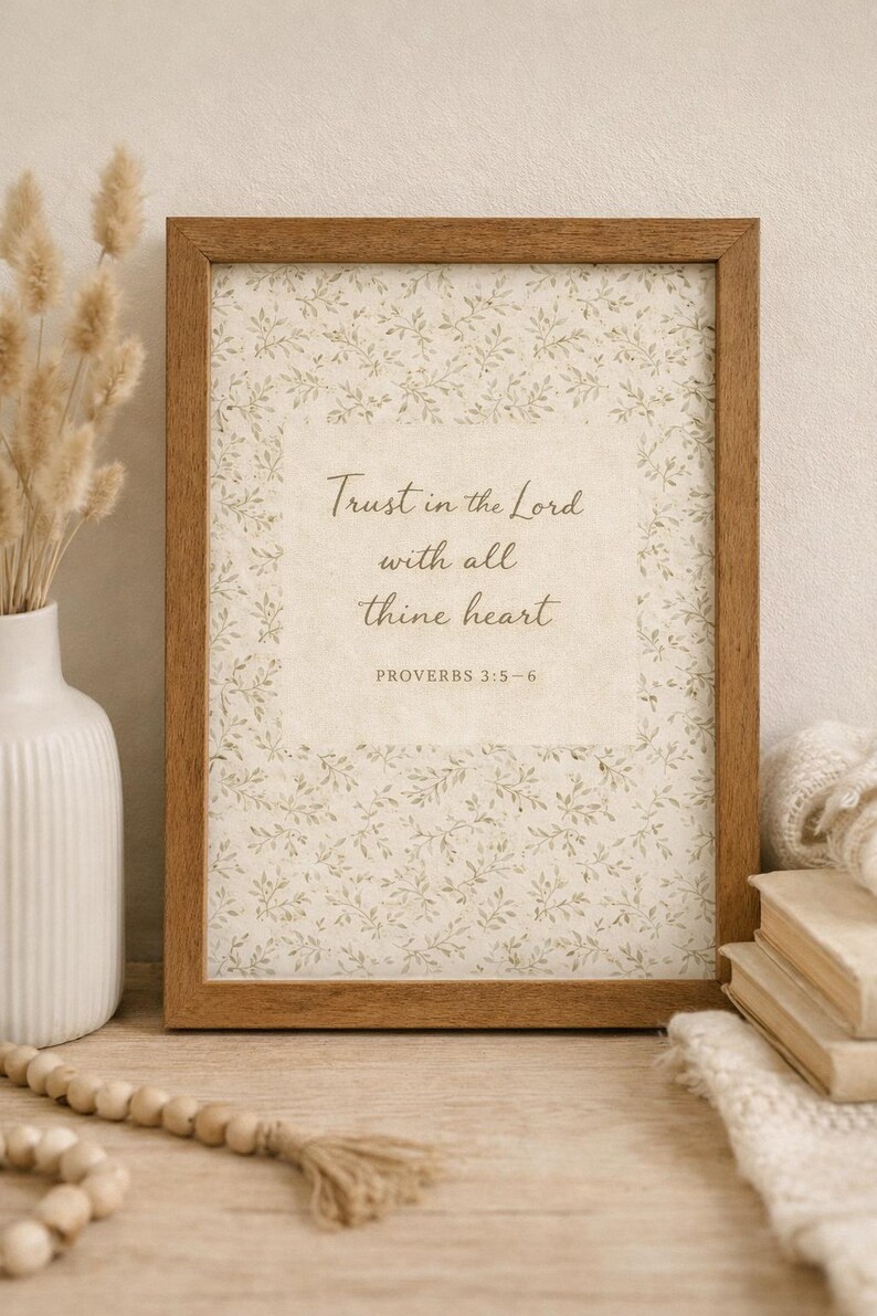 Puede incluir: Una impresi&oacute;n enmarcada con el texto "Trust in the Lord with all thine heart" y "PROVERBIOS 3:5-6". La impresi&oacute;n tiene un patr&oacute;n floral y est&aacute; en un marco de madera marr&oacute;n. La imagen est&aacute; sobre una superficie de madera.