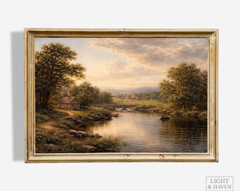 Pintura vintage de paisagem fluvial. Arte de parede tranquila. (Download digital)