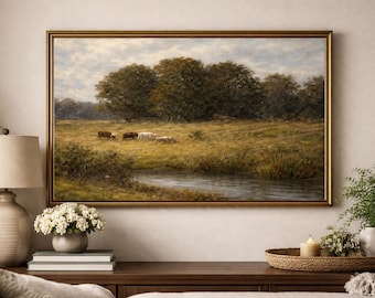 Aquarela de pastagem, pintura de paisagem rural vintage para imprimir, animais de fazenda, vegetação, arte digital para download, natureza.
