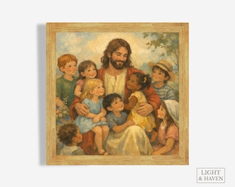 Christ with Children Painting, Faith-Based Nursery Art (Digital Download, Square Format)