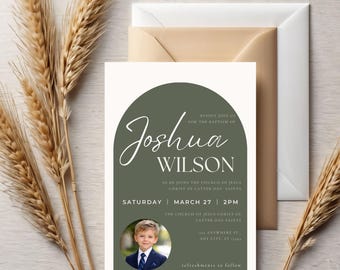 Editable LDS Baptism Invitation Template | Green Arch Photo Invite (Digital Download)