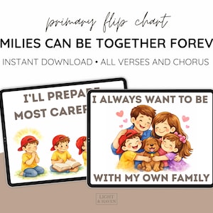 Op de afbeelding: Twee digitale flipcharts met de tekst "FAMILIES CAN BE TOGETHER FOREVER". Eén chart toont kinderen die bidden en lezen. De andere toont een gezin dat een hond omhelst. De tekst "I ALWAYS WANT TO BE WITH MY OWN FAMILY" wordt weergegeven.