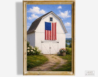 Patriotic White Barn Print, American Flag Farmhouse Art, 4th of July (Digital Download)