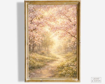 Cottagecore Spring Blossom Path Print, Vintage Floral Meadow Landscape (Digital Download)