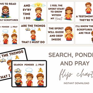 May include: A digital flip chart featuring illustrations of children reading, praying, and pondering. Text includes phrases such as "I love to read," "Search, Ponder & Pray," and "Instant Download." The illustrations are colourful.