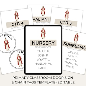 May include: A digital template for primary classroom door signs and chair tags. The design features illustrations of a religious figure, with text labels such as "Nursery" and "Sunbeams". The template is editable.