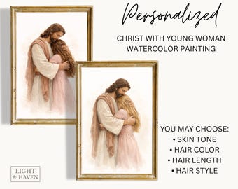 Impresión personalizada de acuarela de Cristo abrazando a una niña (descarga digital)