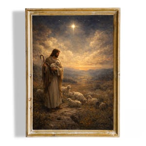 May include: A framed painting depicts a shepherd holding a lamb, surrounded by sheep, under a starry sky. The artwork features warm tones, a golden frame, and a landscape with a bright star.
