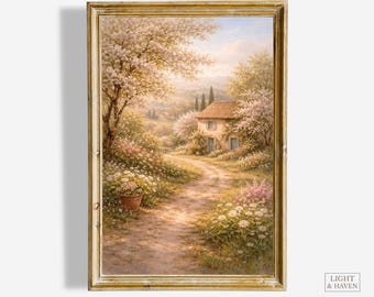 Spring Cottagecore Landscape Print, European Countryside Floral Meadow (Digital Download)