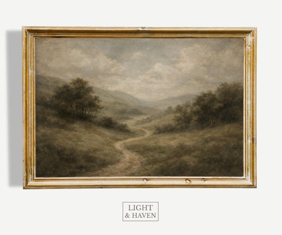 Neutral Vintage Landscape Wall Art Printable – Moody Cottagecore Decor – Antique Path Painting – Digital Download