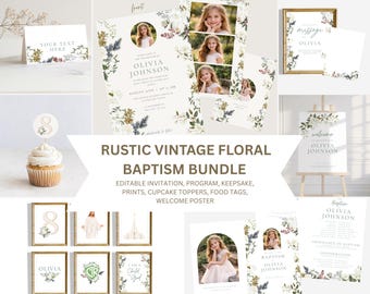 Editable Rustic Floral Baptism Invitation Bundle (Digital Download)