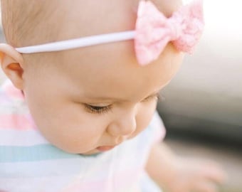 Newborn Baby Tiny Soft Lace Bow Headband, Petite Baptism Headband, Small Simple Christening Accessory, Girl Baby Shower Gift, Lots of Colors