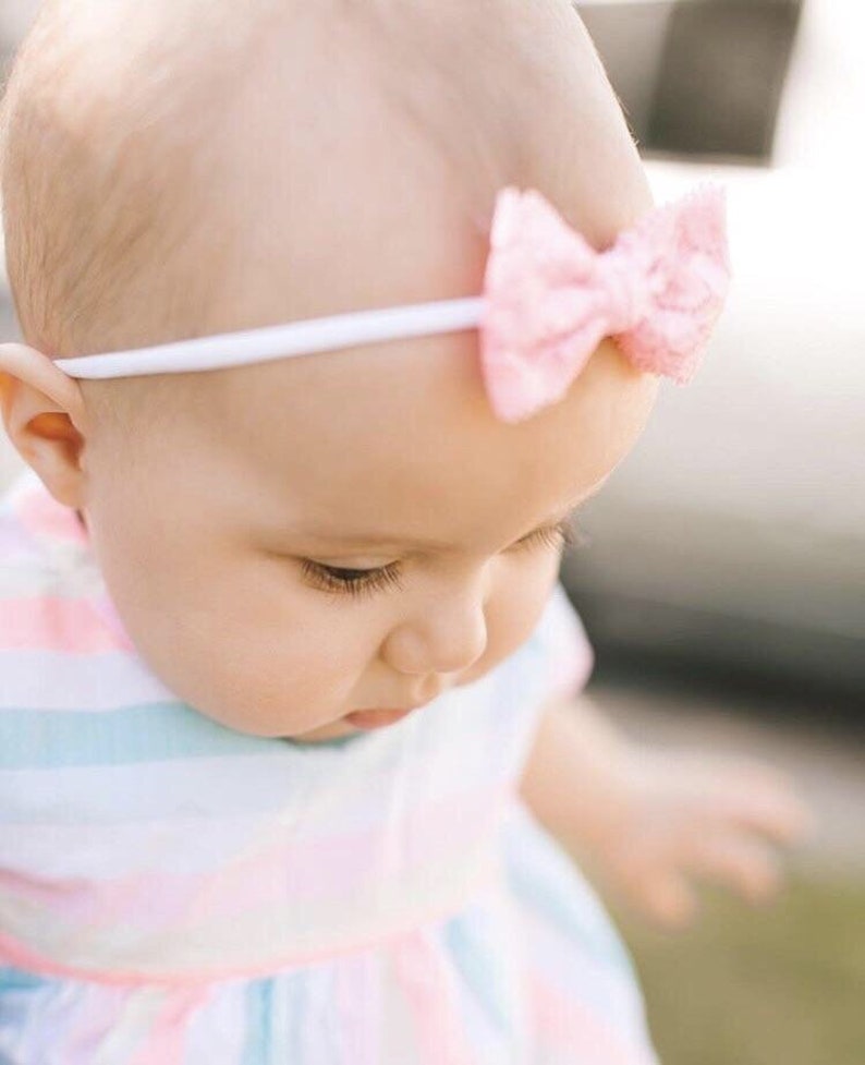 Newborn Baby Tiny Soft Lace Bow Headband, Petite Baptism Headband, Small Simple Christening Accessory, Girl Baby Shower Gift, Lots of Colors image 1