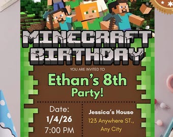 Minecraft Birthday Invitation, Minecraft Invite, Minecraft Invitation Template, Editable Canva Template, Game Birthday
