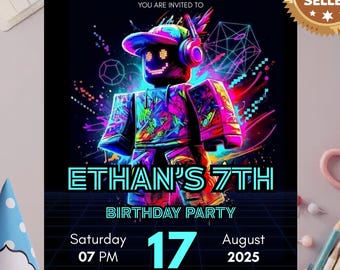 Roblox Birthday Invitation, Neon Gamer Party Invite (Digital Download)