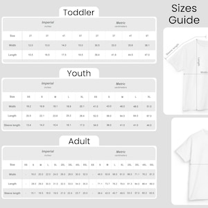 May include: A white t-shirt size guide with measurements in inches and centimeters for toddler, youth, and adult sizes. Includes width, length, and sleeve length measurements for each size category.