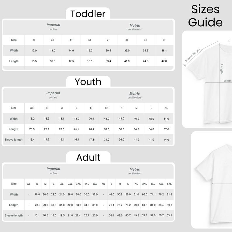 Puede incluir: Una gu&iacute;a de tallas de camisetas blanca con medidas en pulgadas y cent&iacute;metros. La gu&iacute;a incluye tallas para ni&ntilde;os peque&ntilde;os, j&oacute;venes y adultos, detallando ancho, largo y largo de manga.