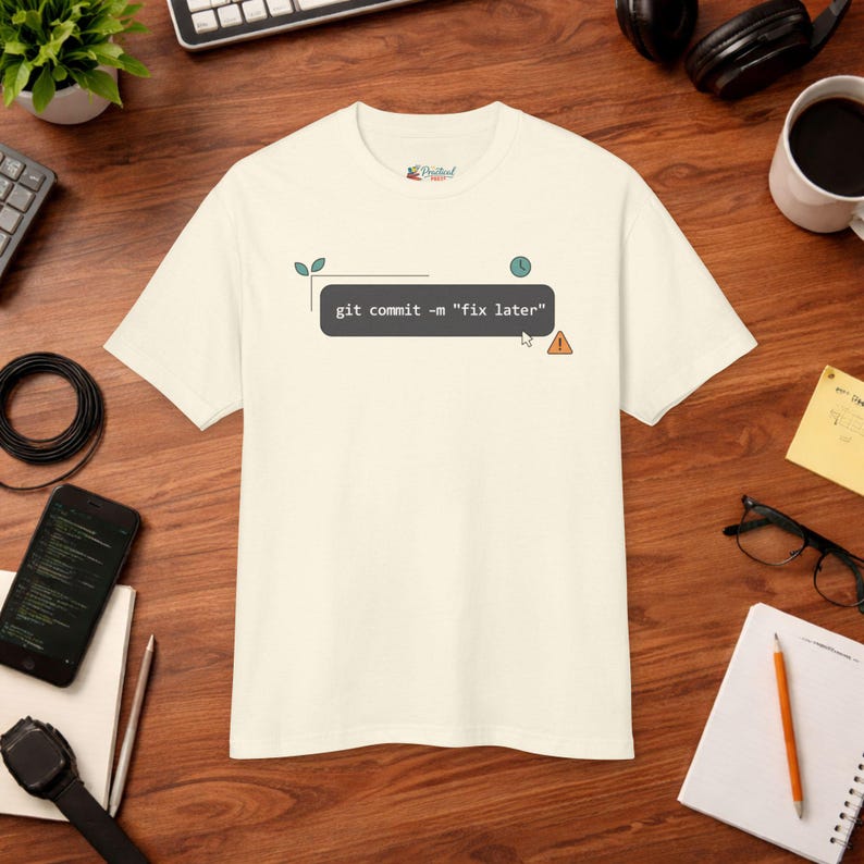 Git Commit Fix Later Tee | Funny Coding Shirt | Software Engineer Gift | Minimalist Programmer T-Shirt | Unisex image 1