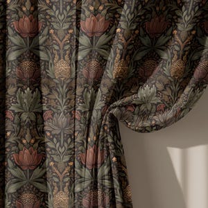 Linnegardin i William Morris-stil, stämningsfullt olivgrönt och kopparfärgat draperi, anpassad storlek