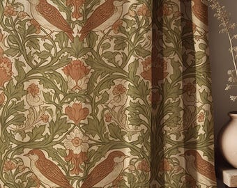 May include: A curtain featuring a repeating pattern of brown birds perched among intricate green foliage and muted orange floral elements. The fabric displays a dense, symmetrical botanical design with detailed leaves and blossoms.