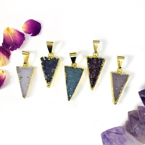 Natural Druzy Triangle Pendant with 24k Gold Electroplated Edge (S49B8-03)