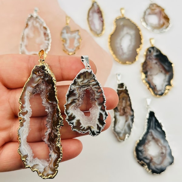 Agate Occo Geode Druzy Slice Pendant - Crystal Geode with Electroplated Gold or Silver Edge (S40B5)