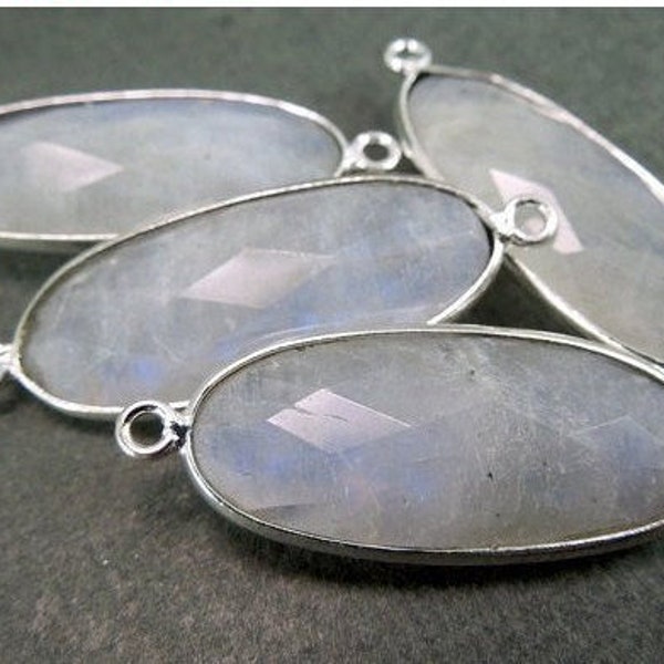 Moonstone Oval Connector Pendant -26mm x 12mm Sterling Silver Bezel Link- Double Bail Pendant (GC-104)