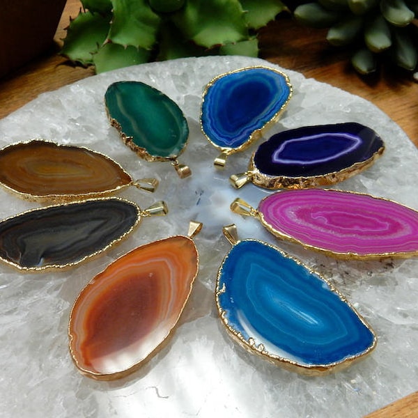 Agate Slice Druzy Pendant electroplated in gold - Druzy Agate Slice Pendant AGSP - You Chose Colorful agate slices -