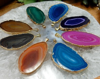 Agate Slice Druzy Pendant electroplated in gold - Druzy Agate Slice Pendant AGSP - You Chose Colorful agate slices -
