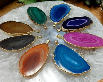 Agate Slice Druzy Pendant electroplated in gold - Druzy Agate Slice Pendant AGSP - You Chose Colorful agate slices -