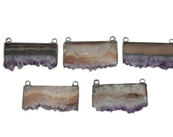 Druzy Amethyst Slice Double Bail Pendant Electroformed Gun Metal Natural Stone Jewelry (S35B18-19)