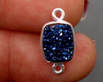 Druzy Bezel Connector Titanium treated Blue 10x8mm rectangle Station Charm Silver Plated (S41B10-07)