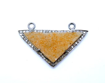 EX20-13A Druzy Drusy Double Bail Pendant Connector Peach Druzy Triangle in an Oxidized Sterling Silver and Pave DIAMOND Setting