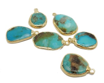 Raw Turquoise Double Bail Petite Freeform Pendant with Electroplated 24k Gold Edge S87B12-12