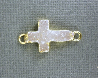 Druzy Cross Double Bail Connector Pendant witih Electroplated 24k Gold Layered Edge (DZ-17)