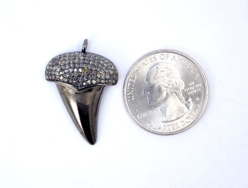 Pendentif Dent De Requin Serti De Diamants - Argent 925, Fait Main, Antique (environ 40mm)