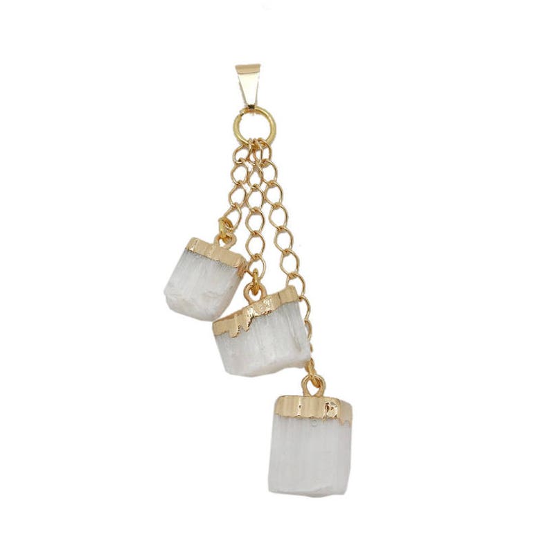 Selenite Pendant Selenite Nuggets with Electroplated 24k Gold or Silver Caps and Chain Pendant with 3 Hanging stones S57B17 image 3