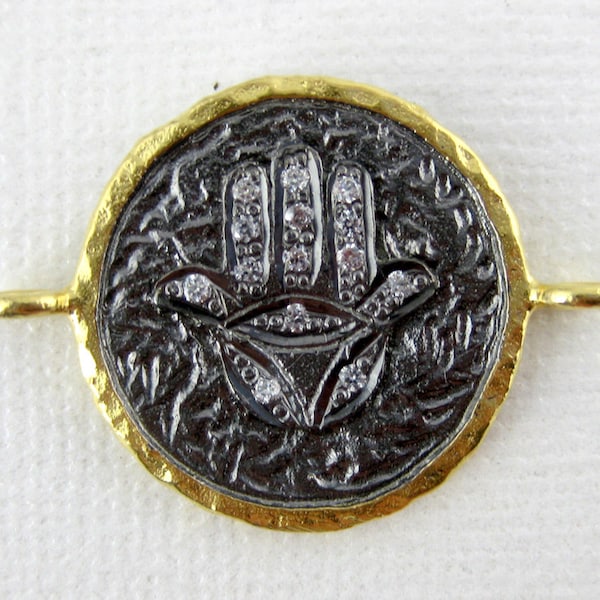 Hamsa Connector- Round Black Toned Brass Hamsa with CZ Pave Double Bail Charm Pendant set in a Gold Plated Bezel (S18B3-03)