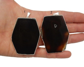 Large Agate Slice Pendant with Electroplated Silver Edge and Bail  - Deep Brown Hexagon Agate - YOU CHoose (LOT S-39)