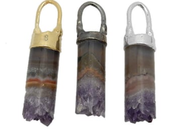 Amethyst Cylinder Pendant with Electroplated 24k Gold, Silver, or Gun Metal Cap and Fancy Hoop Bail (S1B28)