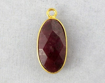 Dyed Ruby Station Oval Charm Pendant - 16mm x 8mm Gold Vermeil Bezel Charm Pendant  (S8B5-24)