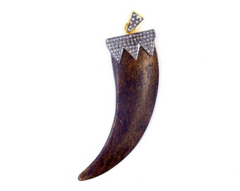 Pave Diamond Carved Bone Horn Charm Pendant with Gold over Sterling Silver Pave Diamond Cap  (EX4-4)