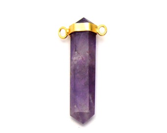 Amethyst Gold Tone Double Connector Bezel Point Pendant - Healing - Chakra - Metaphysical - S80B2-01